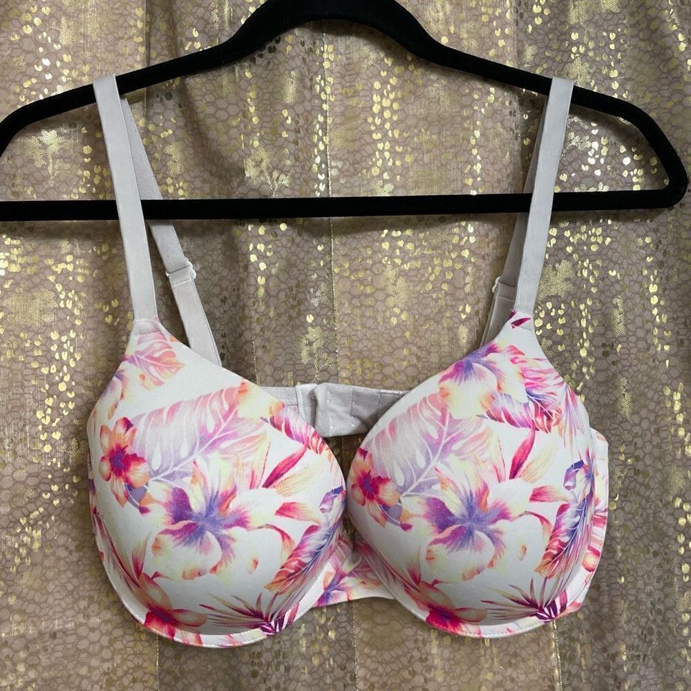 PINK Victoria’s Secret white/pink tropical wear everywhere push-up bra 34DD‎